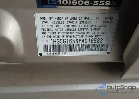 2000 Honda Accord 3.0 Ex from USA, damaged, VIN 1HGCG1656YA016583